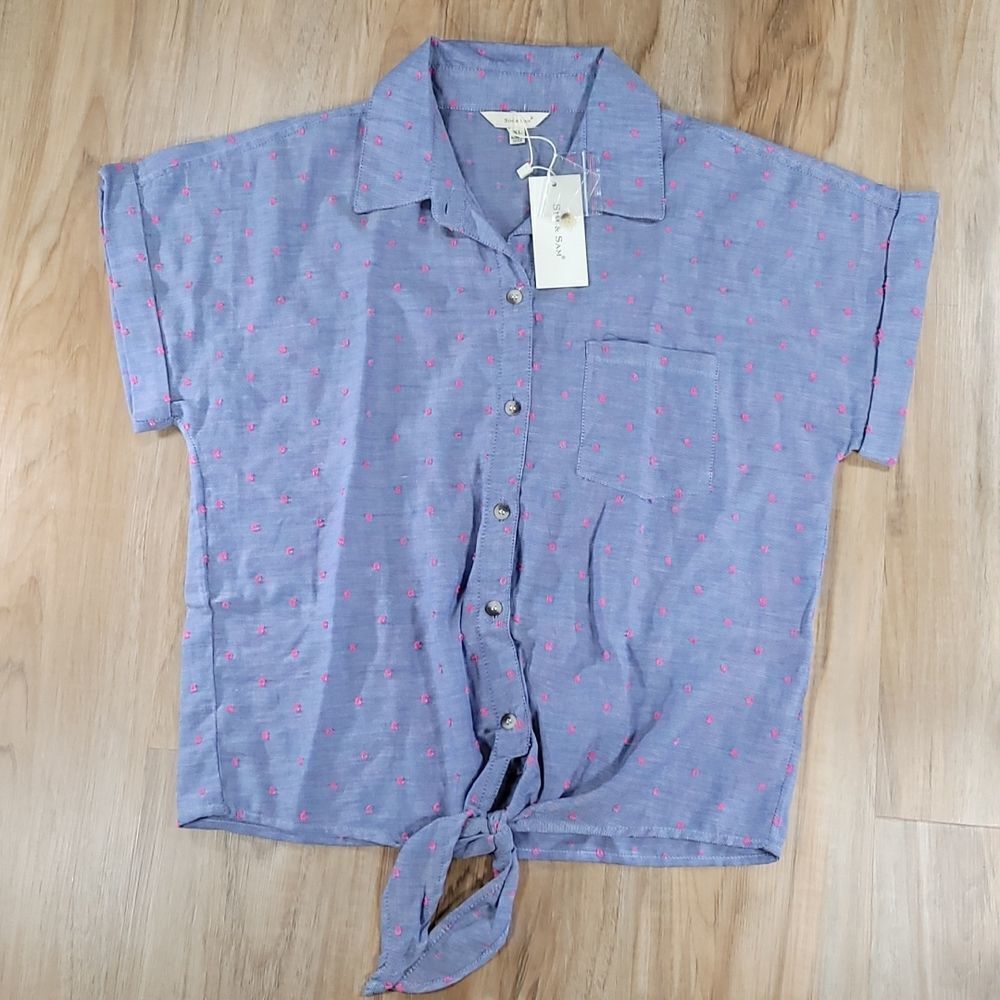 🔺️NWT Sim & Sam Blue & Pink Dotted Buttoned Cuffed Sleeve Top XLarge